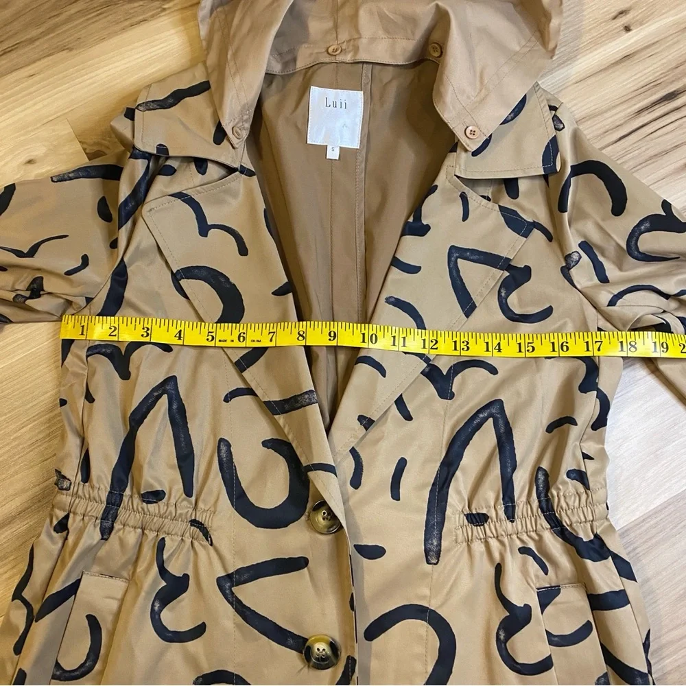 Luii Tan Khaki Abstract Graphic Print Hooded Trench‎ Coat Jacket Women Small